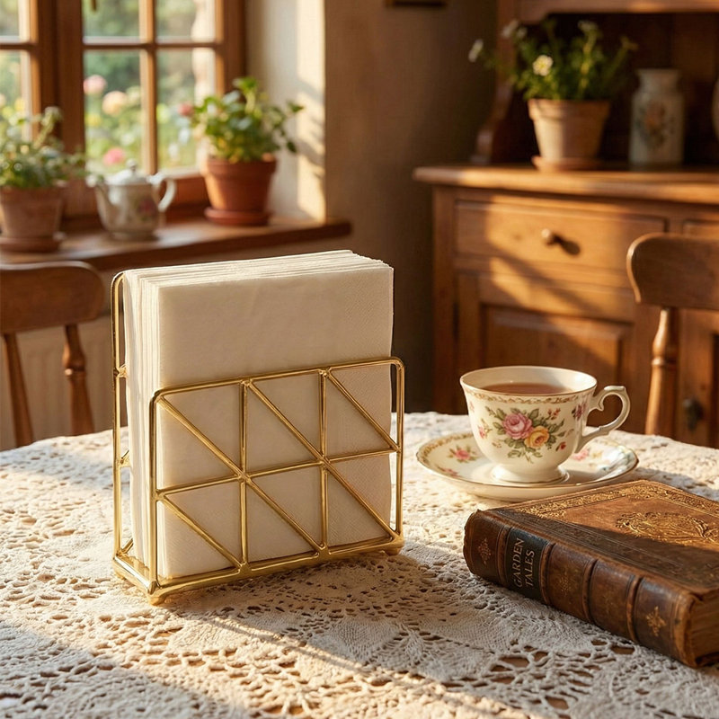 Gold Wire Napkin Holder, Geometric Metal Freestanding Stand with Open Triangular Frame