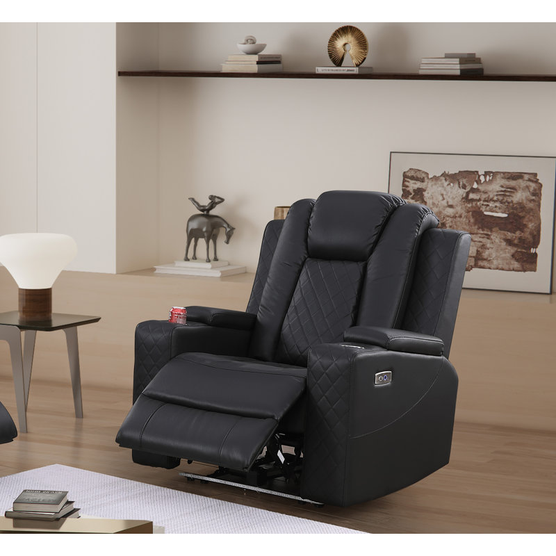 Power Pu-leather Recliner Single Chair With In-arm Storage & Led Base Lights, Black