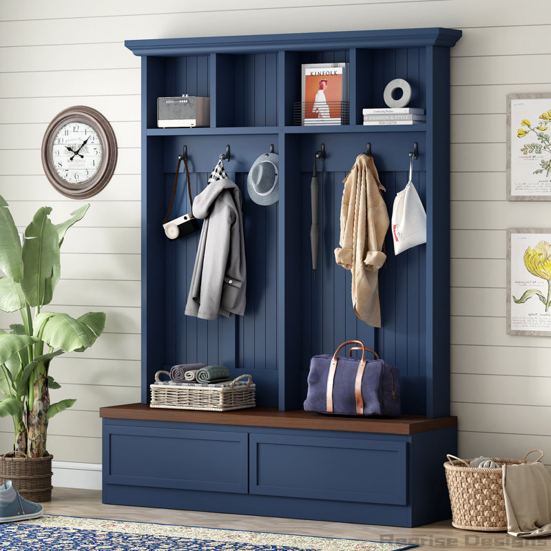 Farmhouse 4-in-1 Hall Tree with Wood Grain Bench, Mudroom Versatile Coat Rack with 2 Large Drawer, Entrance Organizer for Hallway, Living Room