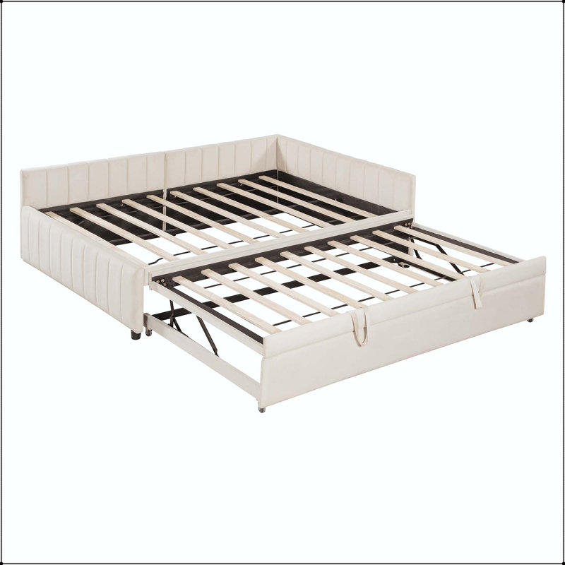 Lit de jour double rembourré en forme de L avec lit gigogne simple, Beige