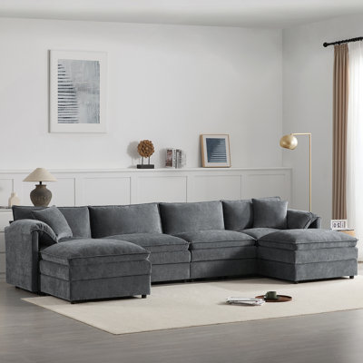 136" Chenille Modular U-Shaped 6-Seat Sectional Sofa With Movable Ottoman - Oversized Indoor Living Room Furniture