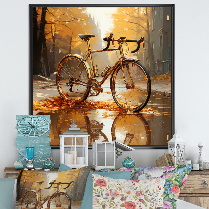Golden Wheels, bicyclette I, sur toile, H 36 po x l 36 po x P 1,5 po, Cadre flottant noir