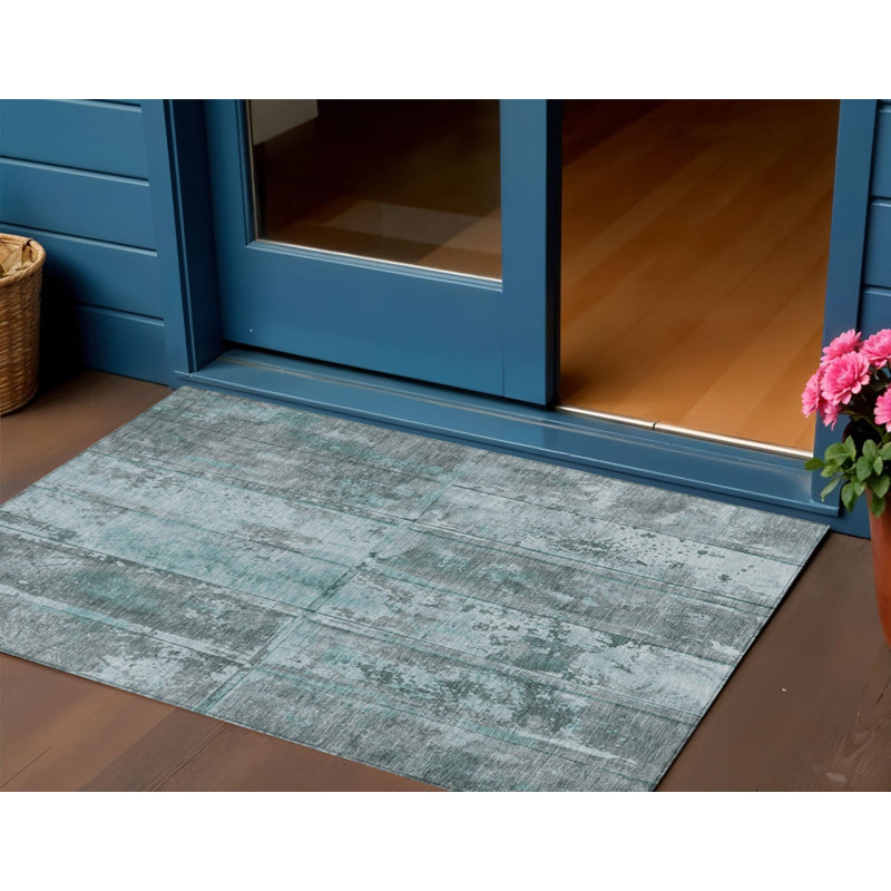 3' X 5' Teal Blue Charcoal And Gray Abstract Washable Indoor Outdoor Area Rug