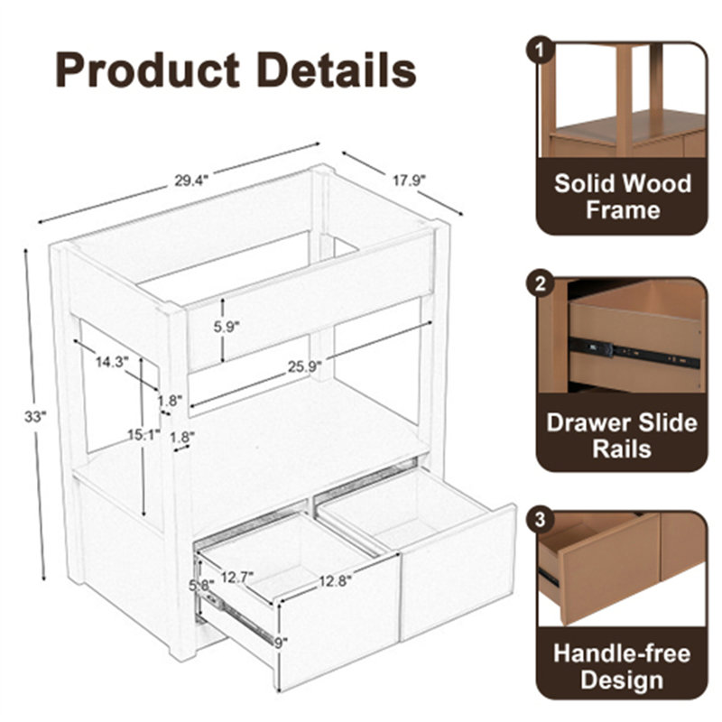 29.4'' Single Bathroom Vanity Base Only, Brown