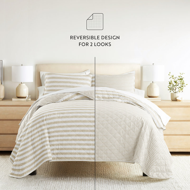 Natural Beige and White Striped Microfiber Full Quilt Set