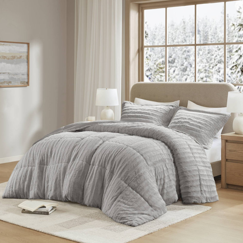 Ensemble d'édredon ultra-doux en fausse fourrure 3 pièces Duke Grey, Courtepointe très grand / très grand californien, Gris