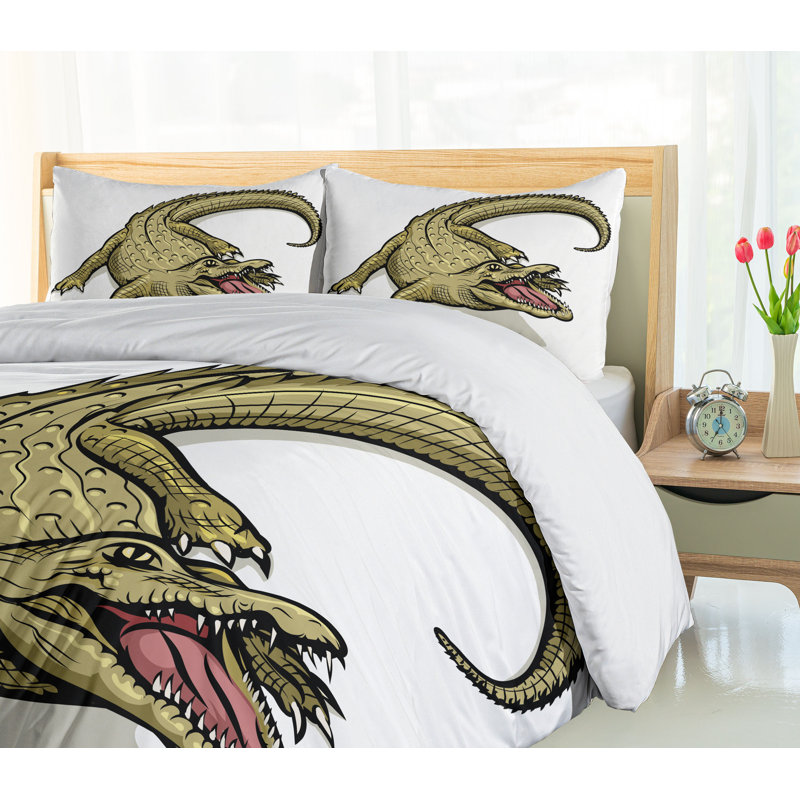 Twin White Navy Reptile Duvet Cover Set with Pillow Sham