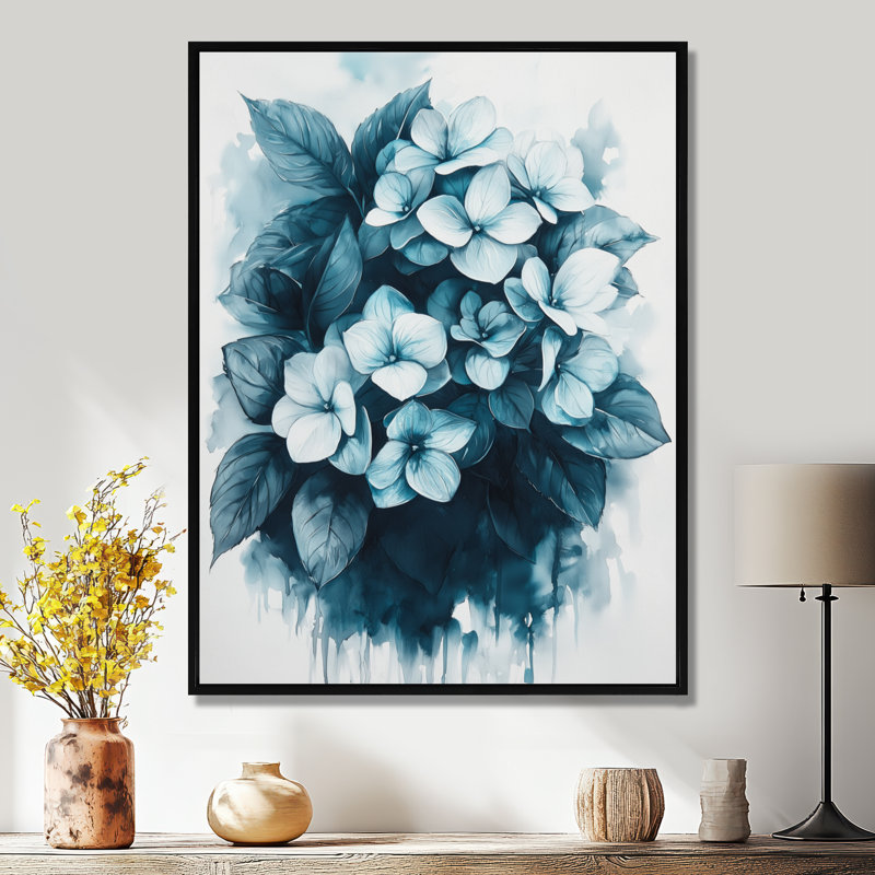 Monochrome Hydrangea Cluster - Hydrangea Wall Art, Black, Floater Framed Print, 20" H x 12" W