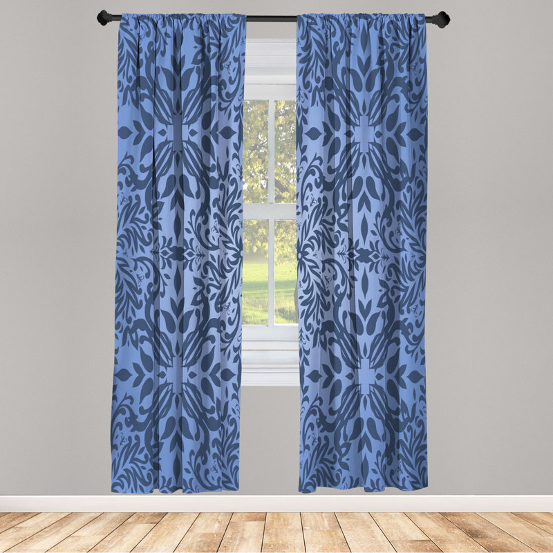 Microfiber Floral Semi-Sheer Rod Pocket Curtain Panels, 28" W x 95" L, Navy/Blue
