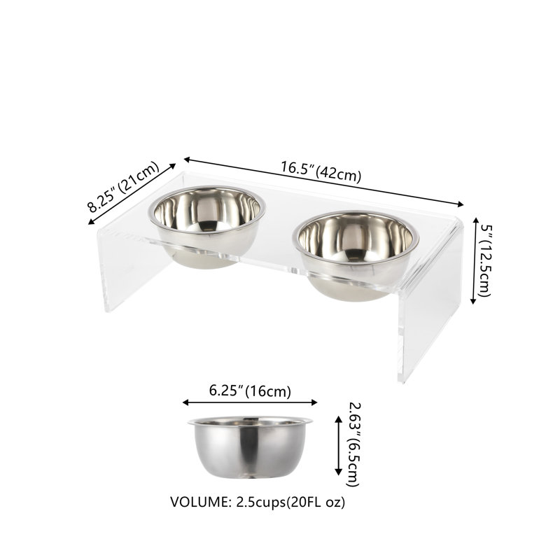 Keaton Modern Lucite Rectangular Elevated Pet Feeder with 2-Stainless Steel Bowls, Clear/Chrome