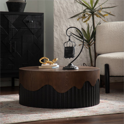 Round Coffee Table for Living Room in Jet Black and Dark Brown Wood, 30.31-Inch Diameter, Pedestal Base, Handcrafted Relief Design, No Assembly Needed