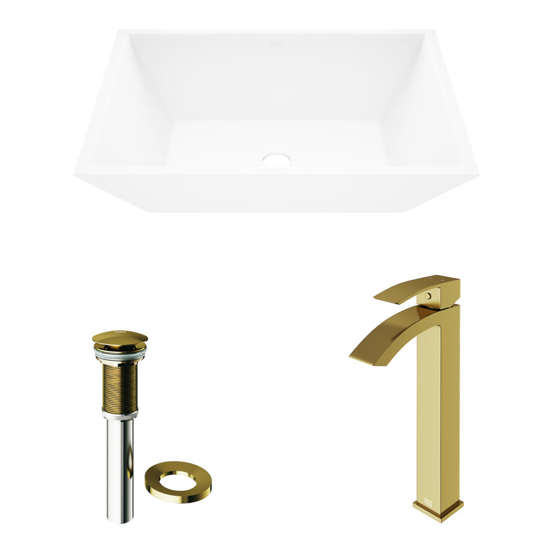 Vinca 18" L x 14" W x 5" H Rectangular White Matte Stone Vessel Bathroom Sink with 12" H Faucet, Matte Gold