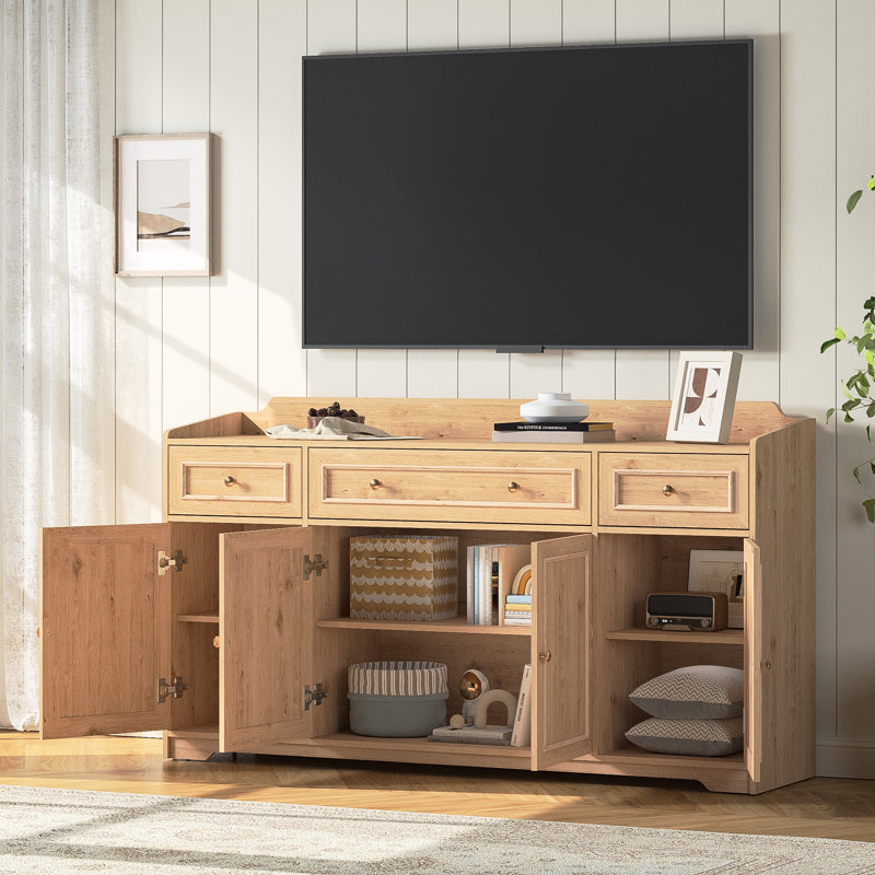 63" W Farmhouse Oak Finish Sideboard Buffet Cabinet With 3 Drawers And 4 Doors