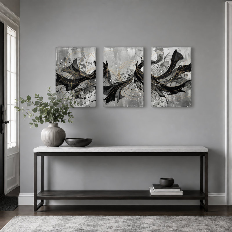 Ensemble de 3 toiles fluides noires et dorées sur fond gris, 36"H x 24"W x 3pcs