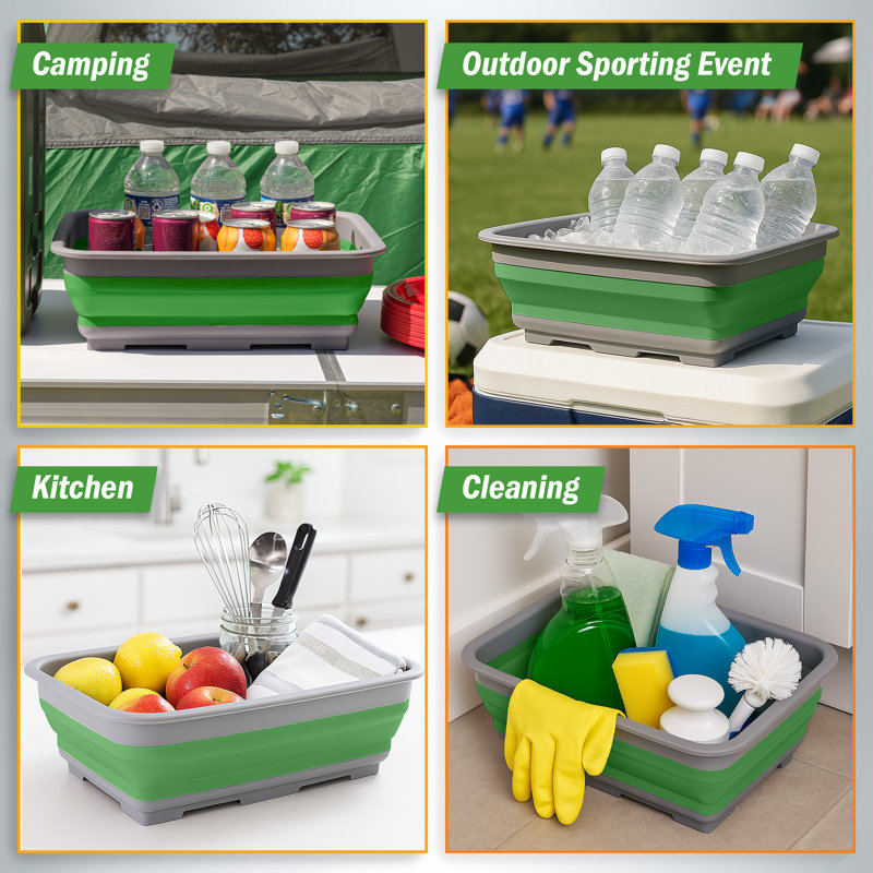 Collapsible Multiuse Wash Bin- Portable Wash Basin/Dish Tub/Ice Bucket with 7.27L Capacity, Green