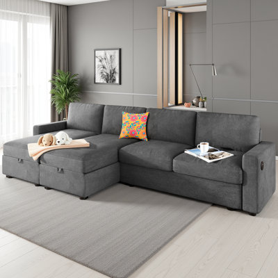 104" U-Shaped Sectional Sofa with 2 Storage Chaises & 4 USB Ports - Convertible 4-Seater Sofa with Pocket Spring Cushions