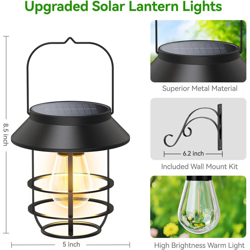 Solar Lanterns Outdoor Waterproof, High Brightness Hanging Solar Lights For Outside With Wall Hooks, Retro Metal Outdoor Lanterns Auto On/Off For Porch, Patio, Yard Decor 2 Pack
