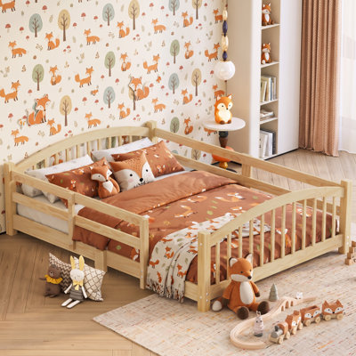 Lit bas de style Montessori pour enfants, certifié CPC, avec barrières de sécurité tout autour, montage facile, taille standard, en bois naturel