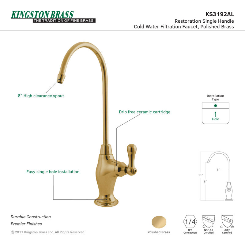 Kingston Brass Restoration Single-Handle 1-Hole Deck Mount Water Filtration Faucet, Polished Brass