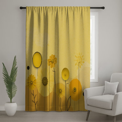 Yellow Artistic Flowers Window Curtains, Floral Sheer & Blockout Curtains - 1 Panel