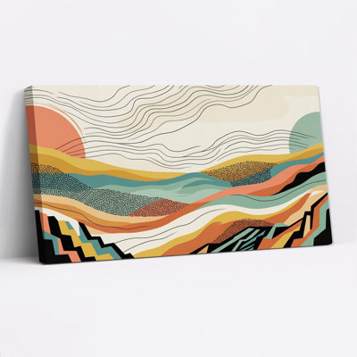 Tableau abstrait sur toile représentant un paysage turquoise et orange avec des motifs de labyrinthe