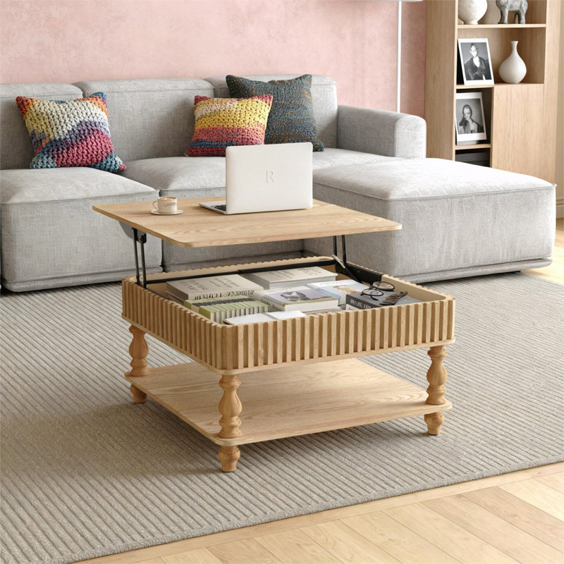 Table basse à plateau relevable avec rangement, Bois naturel