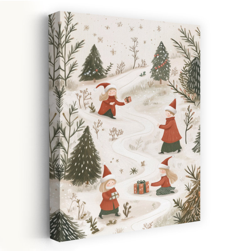 Hiver, échange de cadeaux, arbre de Noël contemporain, pin, forêt, impression d'art mural, H 24 po x l 16 po