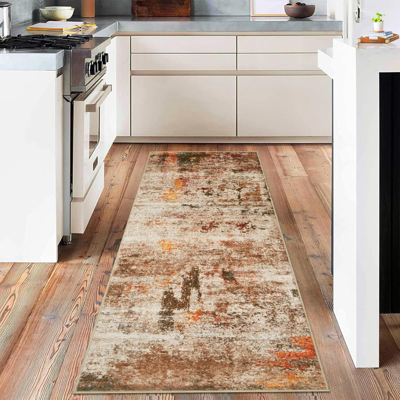 Washable Area Rugs 2'x6' Non-Slip Modern Abstract Soft for Living Room Entryway Bedroom, Print Pattern, Teal Blue Orange Rust Red Coloreful