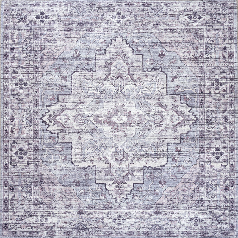 Didim Boho Medallion Machine-Washable Gray/Purple Rug, Square 7'10"