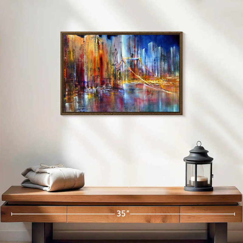 Paysage urbain vibrant, 19 po x 13 po, Cadre flottant noyer