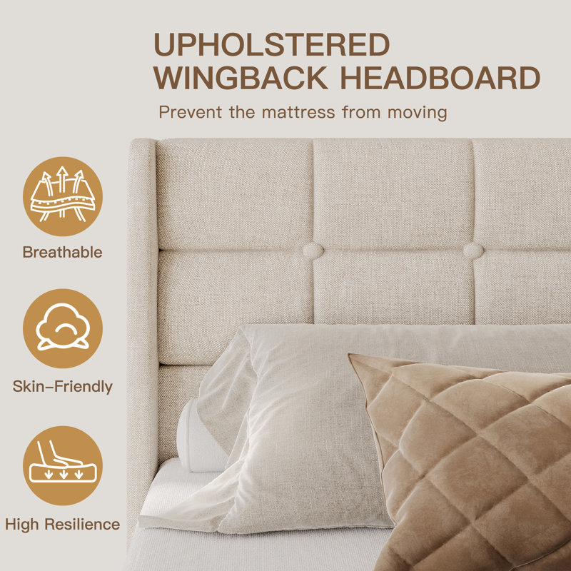 Lift Up Storage Bed Frame, Linen Upholstered King Platform with Button Tufted Wingback Headboard and Under-Bed Storage, Hydraulic Support, No Box Spring Needed, Noise Free, Beige