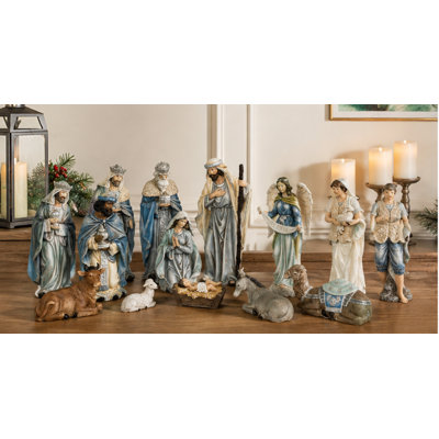 12Pcs Deluxe Blue Resin Nativity Figurines Set Christmas Ornaments Xmas Tabletop Scenes Figures Set Collectibles Countertop Statue Miniatures Decorative Crafts Accessories 15.5" x 45.00"