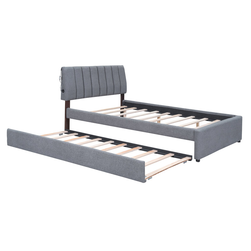 Lit plateforme tapissier avec lit gigogne Teddy, Gris, Lit double
