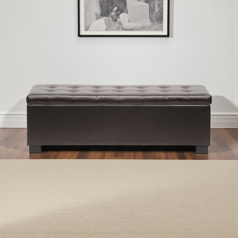 Burnstad Faux Leather Upholstered Storage Bench In Dark Brown Finish, 15.25'' H X 46'' W X 17'' D, Dark Brown