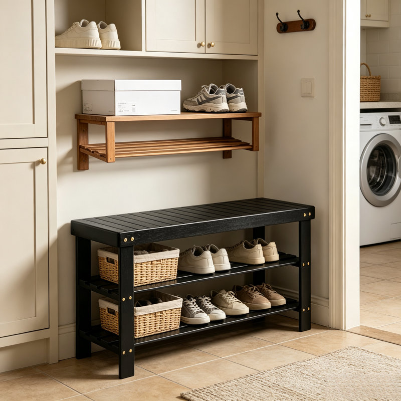 Banc de rangement pour chaussures autoportant en bambou noir, range-chaussures plat à deux niveaux avec banquette, range-chaussures pour vestibule, vestibule et vestibule