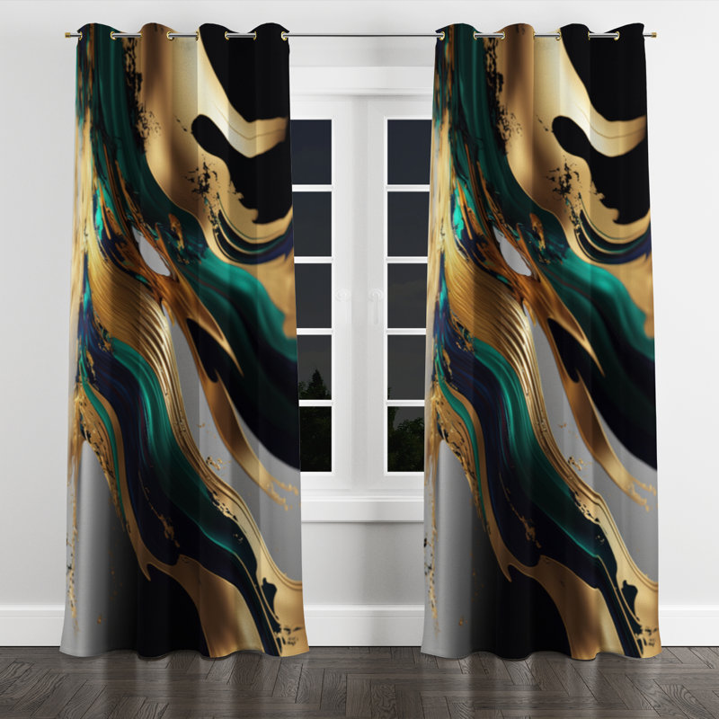 Aurionna - Abstract Transitional Grommet Curtain - Velvet Room Darkening - 1 panel, 52" W x 63" L, Golden Grommets