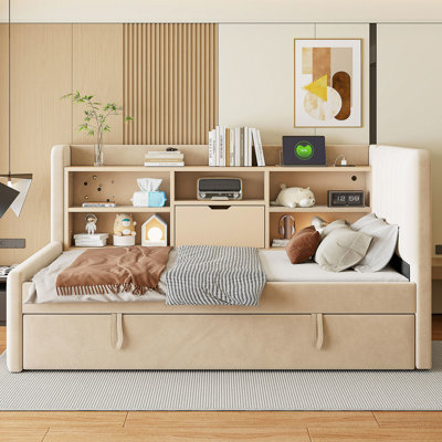 Upholstered Corner Daybed With Trundle, Bookcase And Outlets by Latitude Run