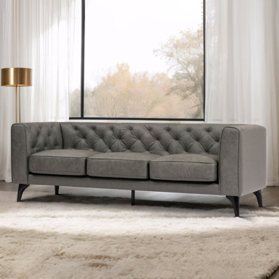 92.52 Inch Genuine Leather Couch 3-Seater Sofa With Tufted Back,Grain Leather Couch With Feather,Comfy Sofa For Living Room Apartment, Comfy Sofa Couch With Extra Deep Seats,Graphite