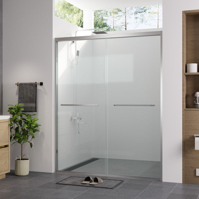 56 - 60"x74" Aluminum Frame Double Sliding Shower Door With Hardware, Reversible Installation, And Safe In Bathroom Finished Enclosure Chamfer Edged Tempered Glass, Design For