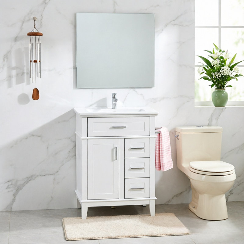 Meuble-lavabo moderne de 61 cm (24 pouces) avec lavabo en céramique, structure en bois massif et caisson en MDF, 1 porte, 1 tiroir abattant et 3 tiroirs, charnières à fermeture amortie, tablette réglable, poignées argentées, blanc