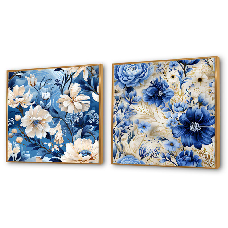 Cloe - Ensemble de 2 collages carrés floraux, H 16 po x l 33 po, Cadre flottant doré