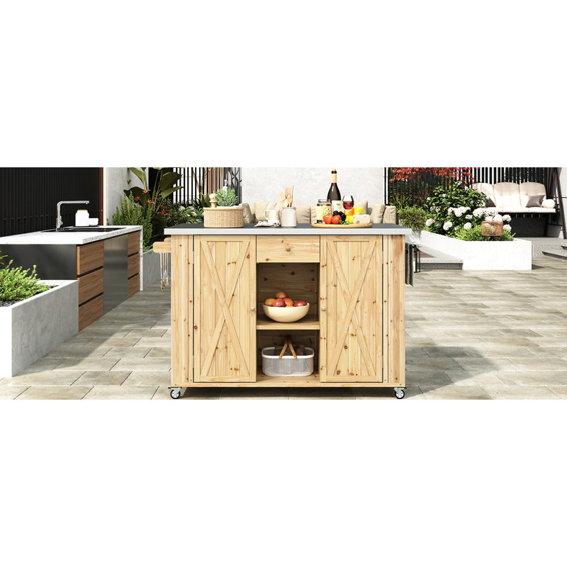 Bureau de cuisine extérieur polyvalent - Fabrication en bois de sapin, plateau en acier inoxydable, espaces de rangement, serviette et épices, ouvre-bouteille intégré, unité mobile avec roues verrouillables en bois d'îlot, comptoir, spacieux