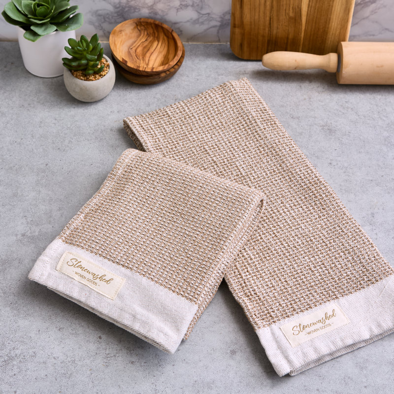 Washed Waffle Dishtowel Set/2, Pebble, Brown