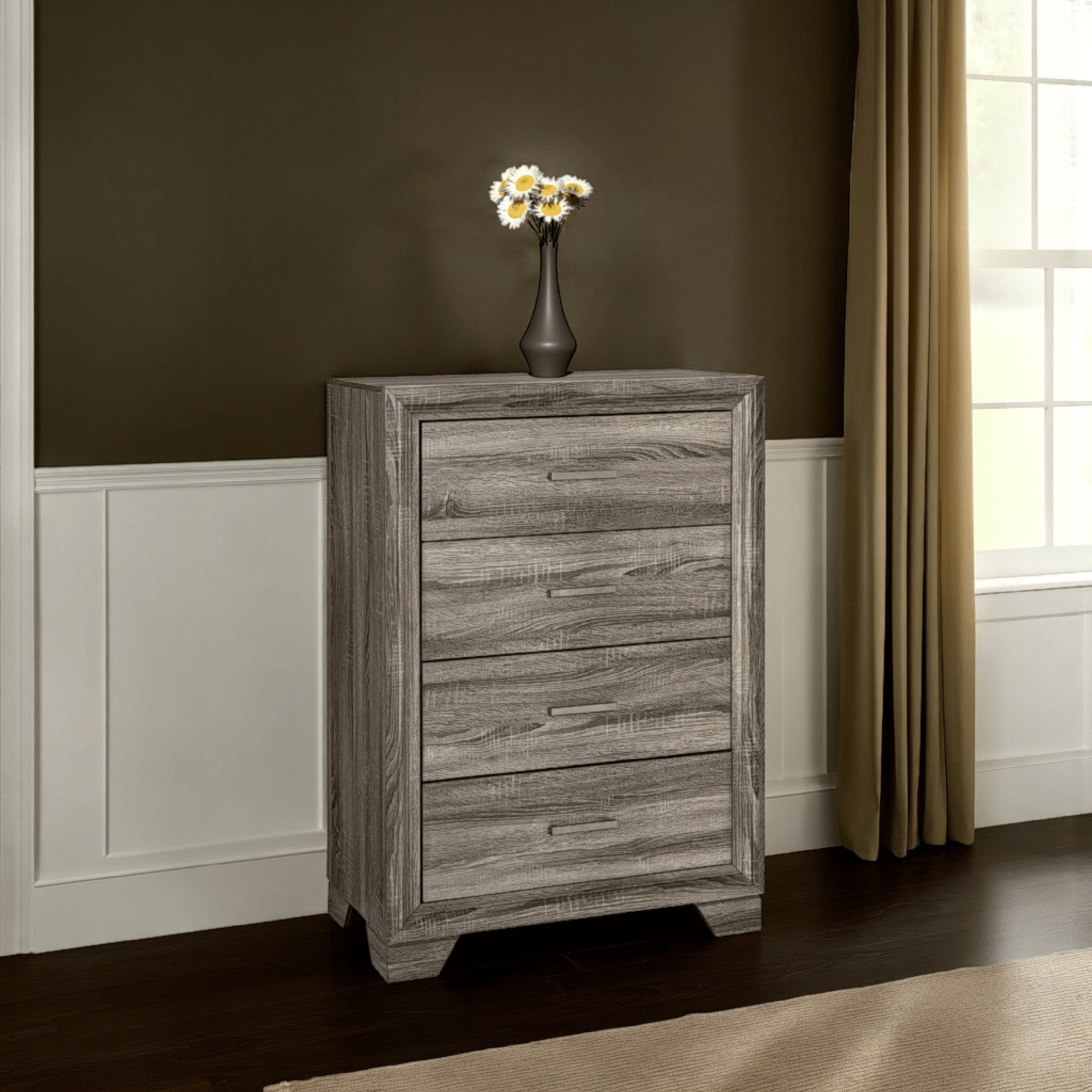 Benjara Reay Tall Dresser Chest, Brown Oak, 4 Drawers Silver Metal Handles  | Wayfair