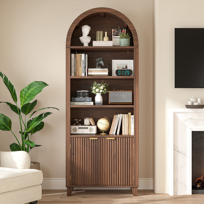 Storage Bookcase/Arched Cabinet With Fluted Doors & Adjustable Shelves – Entryway, Living Room, Dark Brown