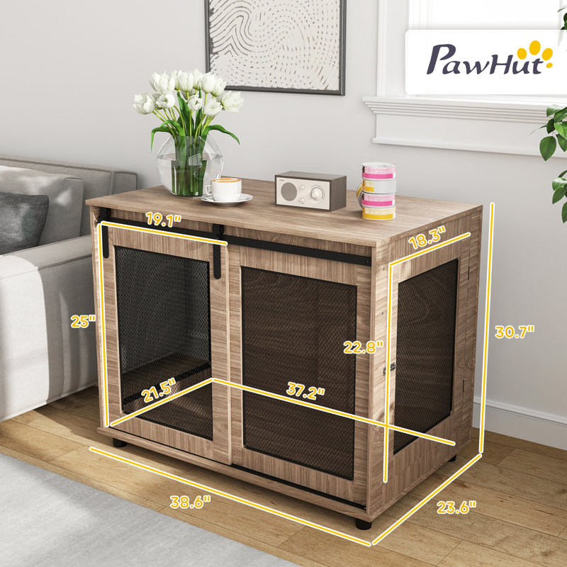 39" Dog Crate Furniture, Dog Kennel Furniture End Table with Sliding Barn Door, Furniture Style Dog Crate for Large Dogs, Walnut Brown
