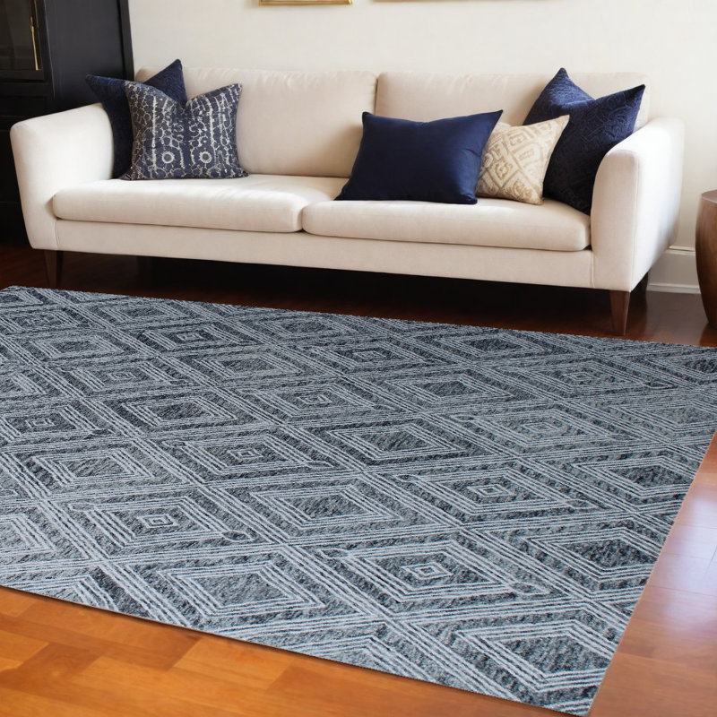 Tapis géométrique abstrait en laine touffeté à la main 8 pi x 10 pi noir et ivoire