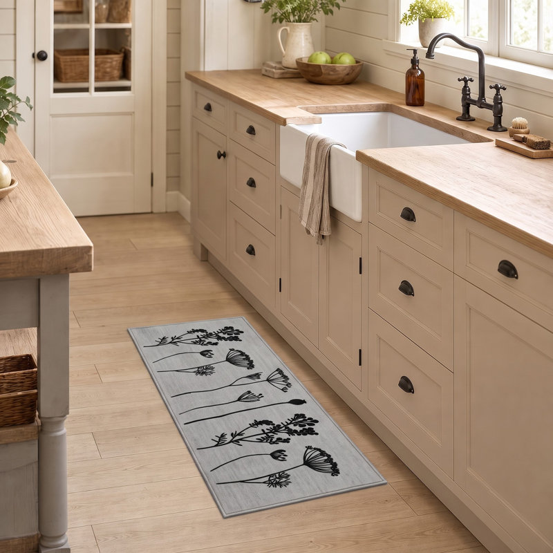 Wildflowers Long Runner Kitchen Mat, Gray/Black