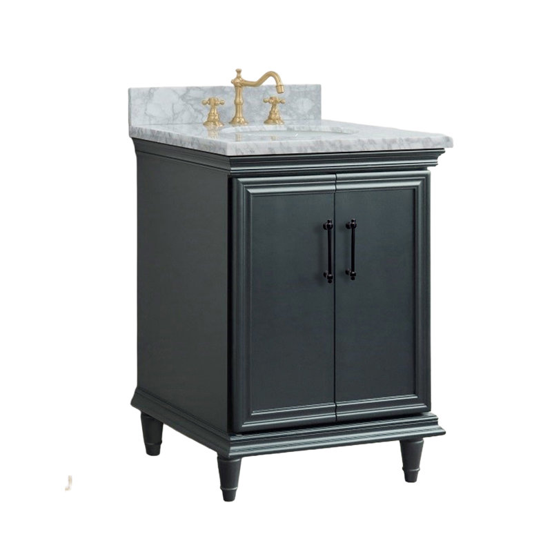 Single Vanity and Oval Sink, White Carrara Marble, 25"