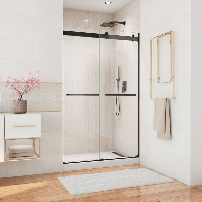 Porte de douche réversible semi-sans cadre de H 44 po à l 48 po avec technologie ClearMax ™, Noir mat / transparent